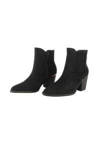 Stivali alla caviglia in suede nero con punta affusolata, cerniera laterale e pannello elasticizzato, caratterizzati da un tacco texturizzato con un accento metallico.
