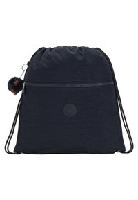 Mochila tipo saco en tela de nylon azul marino. Presenta un bolsillo frontal con cremallera, un parche de logo redondo y un charm de peluche adjunto a la cremallera.
