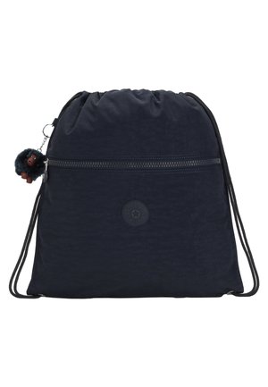 Zaino a cordoncino in tessuto nylon navy. Caratterizzato da una tasca frontale con zip, un patch rotondo con logo e un charm morbido attaccato alla zip.