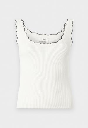 Baltas juostuotas be rankovių tank topas su banguotomis kraštinėmis, juodai apvadais prie apykaklės ir petnešų.