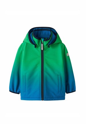 Barnejakke med hette i grønn-til-blå gradient, glidelås foran, to lommer og elastiske mansjetter.