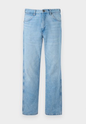 Jeans azzurri dritti in denim, con un classico design a cinque tasche, dettagli cuciti e chiusura con bottone metallico.