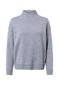 Light gray knit sweater with a high ribbed collar, loose fit, dropped shoulders, and ribbed cuffs and hem. Soft texture, casual design.