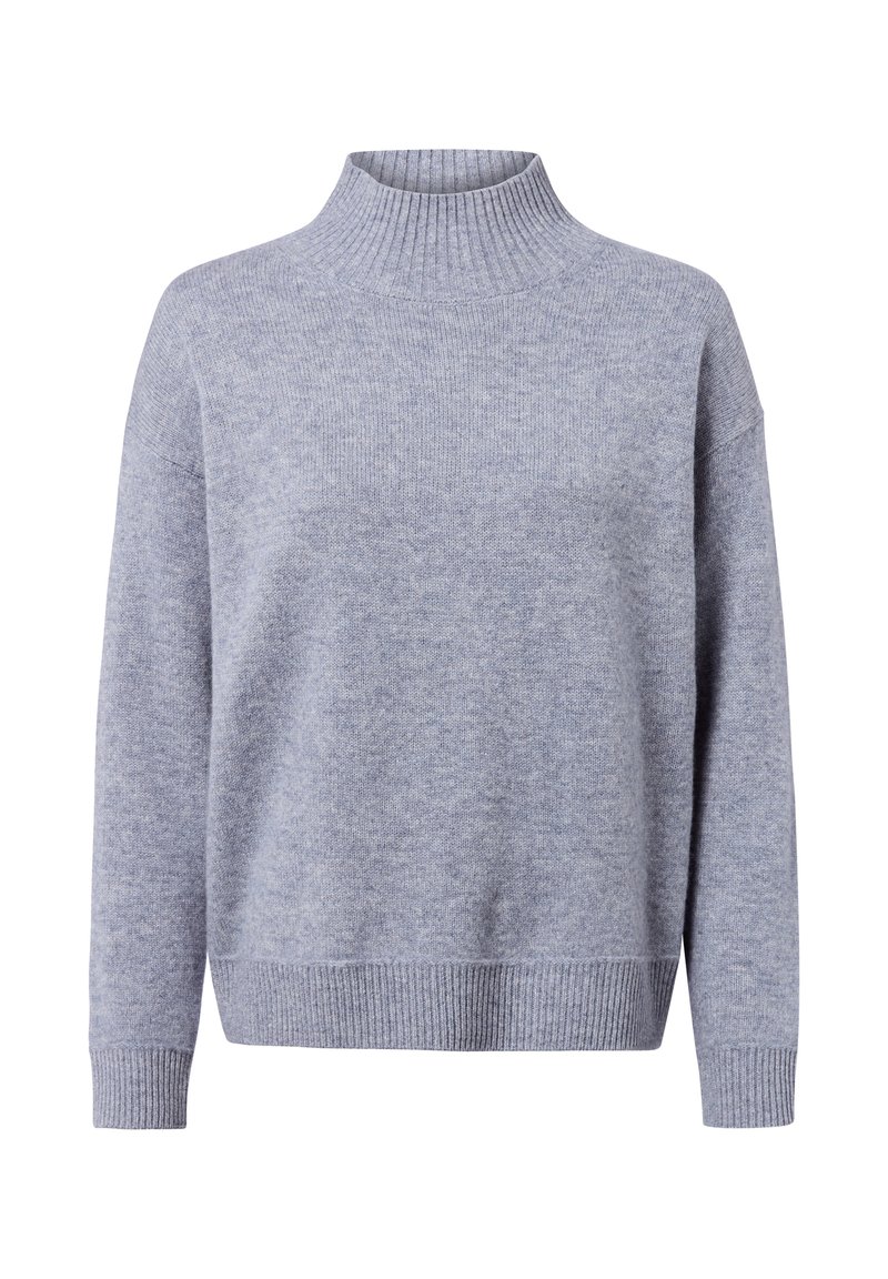 Light gray knit sweater with a high ribbed collar, loose fit, dropped shoulders, and ribbed cuffs and hem. Soft texture, casual design.
