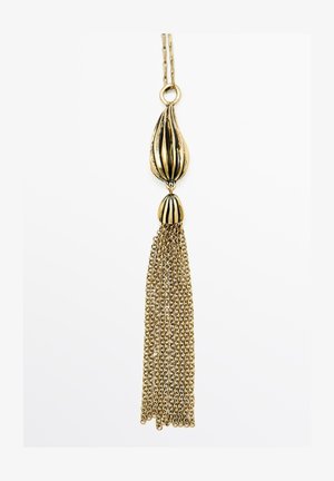 Collana d'oro con un pendente testurizzato a strisce verticali e un pon-pon decorativo realizzato con fini anelli di catena.
