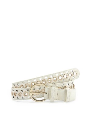 Light beige belt with round gold buckle and decorative gold eyelets and triangular cutouts along its length.