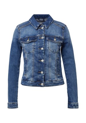 Denimjas in middelblauw met een klassieke kraag, knoopsluiting aan de voorkant en twee borstzakken. Heeft contrasterende stiksels en lange mouwen.