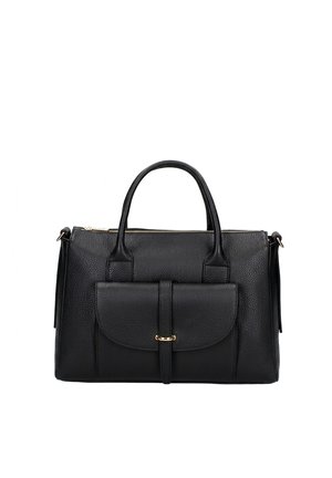 Sac à main en cuir noir texturé avec deux poignées, poche avant à rabat sécurisée par une sangle avec fermoir doré et fermeture zippée sur le dessus.