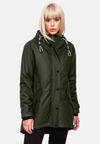 Green waterproof jacket with a hood, front buttons, drawstring, and side pockets. Smooth texture and mid-length design.