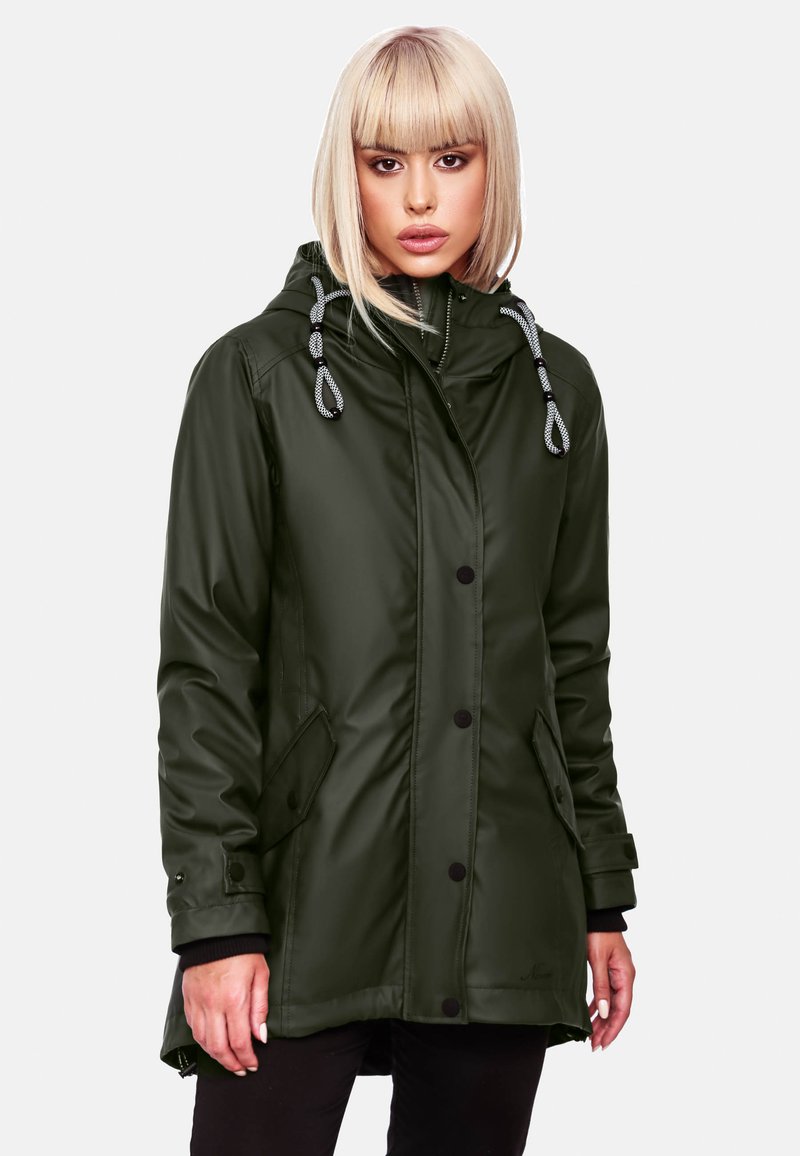 Green waterproof jacket with a hood, front buttons, drawstring, and side pockets. Smooth texture and mid-length design.