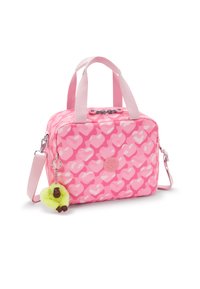 Rosa mönstrad väska med rektangulär form, som har textil med struktur, dubbla handtag, justerbar rem och en mjuk apcharm fäst.