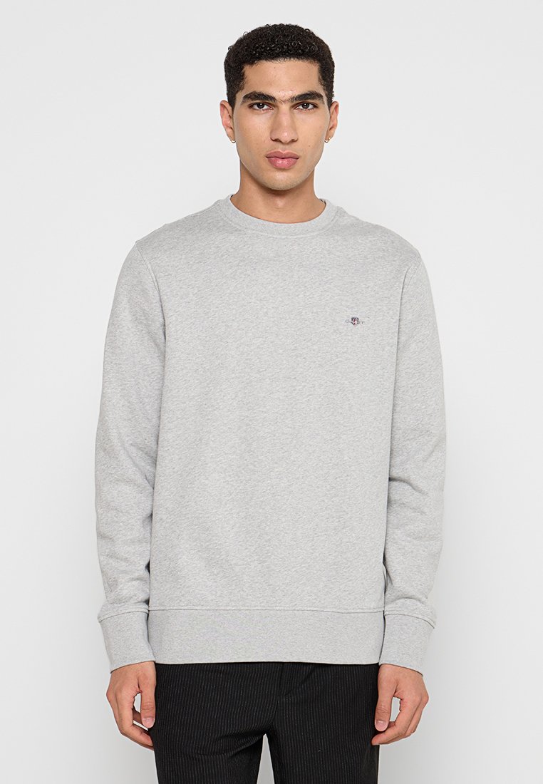 Szara bluza z okrągłym dekoltem i długimi rękawami, wykonana z miękkiego materiału. Posiada małe logo na piersi oraz ściągacze przy rękawach i na dolnym brzegu.