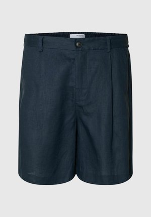 Shorts en lin bleu marine avec une fermeture à bouton, des plis sur le devant et une coupe décontractée. Présente une texture lisse et une longueur mi-cuisse.