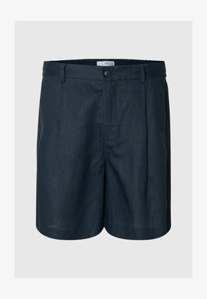 Shorts en lin bleu marine avec une fermeture à bouton, des plis sur le devant et une coupe décontractée. Présente une texture lisse et une longueur mi-cuisse.