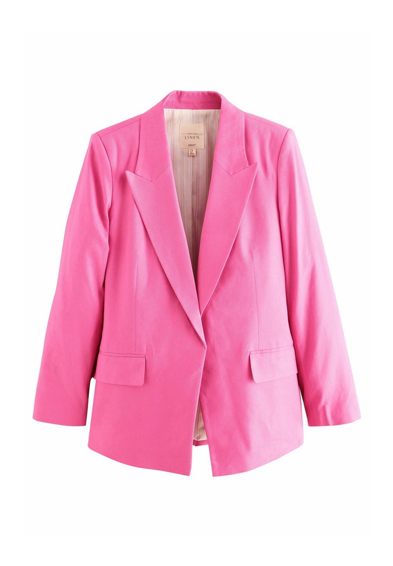 Blazer di lino rosa con rever a punta, due tasche frontali e una vestibilità strutturata. L'interno presenta un rivestimento a righe in contrasto.