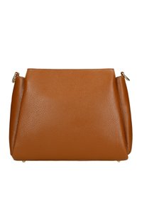 Borsa a tracolla in pelle marrone con una forma strutturata, dotata di hardware in tonalità dorata e accentuazioni sottili. La superficie morbida migliora la presa.