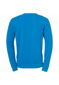 Sweatshirt bleu avec un col rond, des manches longues, et des poignets et ourlet côtelés. Fabriqué en tissu doux, il présente une texture lisse et une couleur unie.