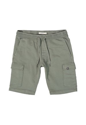 Shorts cargo in cotone verde oliva, con vita regolabile tramite cordino, due tasche laterali e una tasca cargo con dettagli in flap.