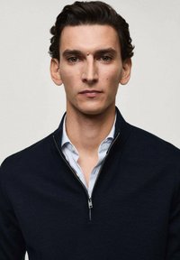 Navy zip-up sweater with a mock neck, made of knit fabric, paired with a light blue striped shirt underneath. No visible patterns or accents.