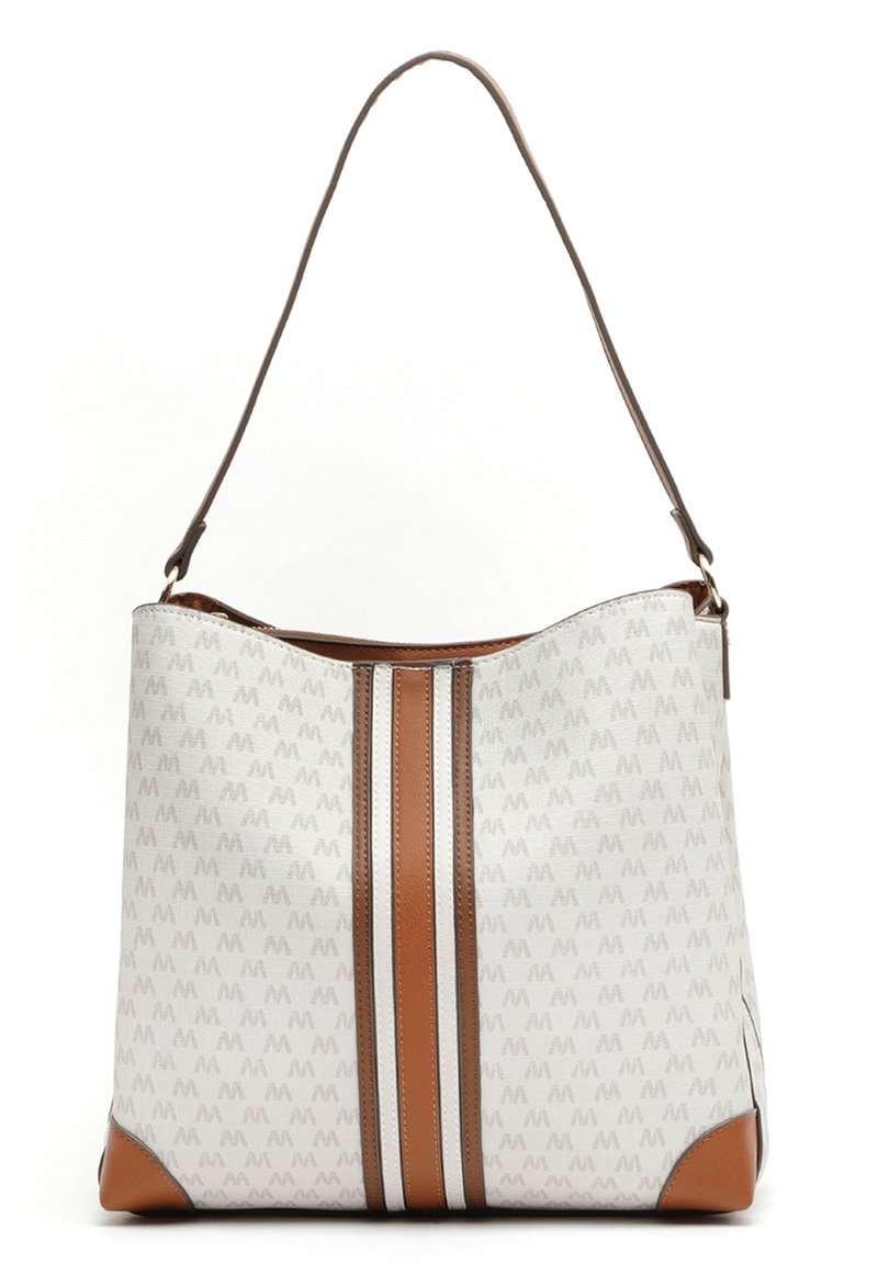 Vit axelväska med ett upprepande logomönster, bruna läderdetaljer och två vertikala ränder i brunt och silver.