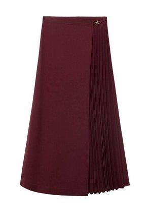 Burgundy knee-length skirt featuring a pleated design on one side with a simple clasp at the waist and smooth texture throughout.