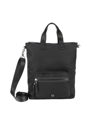 Schwarze Nylon-Tote-Tasche mit zwei Traggriffen, verstellbarem Schultergurt und einer vorderen Reißverschlusstasche. Glatte Textur mit minimalistischem Design.