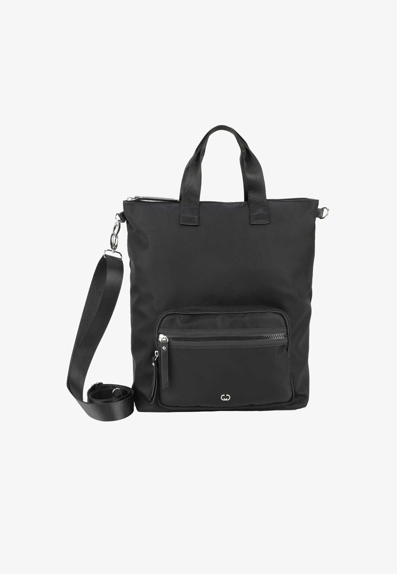 Sort nylon tote taske med to bærehåndtag, justerbar skulderrem og en frontlomme med lynlås. Glat tekstur med minimalistisk design.