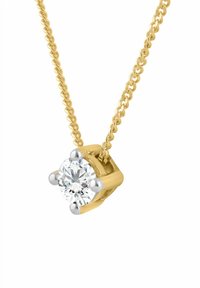 Zlatý reťazový náhrdelník so záveskom v tvare okrúhleho, priezračného diamantu. Diamant je bezpečne držaný striebornými cípmi v modernom osadení.