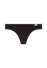 Svart tanga underkläder gjorda av mjukt tyg, med ett smalt elastiskt midjeband och en design som ger minimal täckning, prydda med en liten varumärkesetikett.