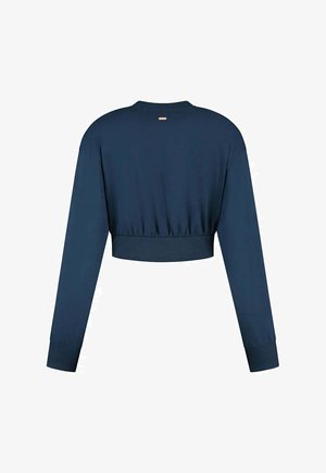 Korte navy sweatshirt met lange mouwen, geribbelde manchetten en zoom. Eenvoudig ontwerp met een label op de achterkant van de hals, gemaakt van zachte stof.