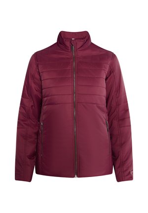 Bordo pufota jaka ar augstu apkakli, priekšējo rāvējslēdzēju un divām sānu kabatām. Iekļauj horizontālas un vertikālas šuvju rakstus.