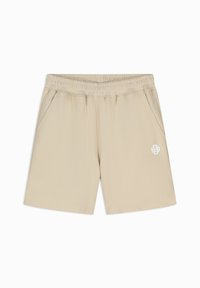 Beige sportieve shorts met elastische tailleband, zijzakken en een subtiele logodetail op de linker bovenbeen. Glad, lichtgewicht materiaal.