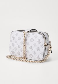 White leather handbag with a zip closure, featuring a repeating gray logo pattern, and a gold-tone chain strap.