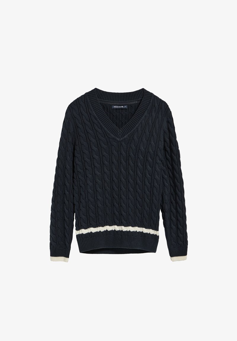 Mörkblå kabelstickad tröja med V-ringning, ribbade ärmslut och en kontrasterande krämfärgad horisontell rand vid nederkanten. Texturerad mönstring genom hela tröjan.