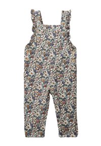 Salopette pour tout-petits à motif floral avec des bretelles à volants et des fermetures à bouton sur le côté, dans des tons de bleu, rose, blanc et vert.