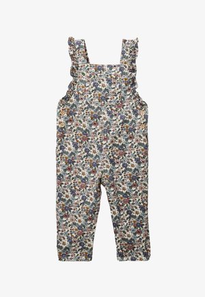 Salopette pour tout-petits à motif floral avec des bretelles à volants et des fermetures à bouton sur le côté, dans des tons de bleu, rose, blanc et vert.