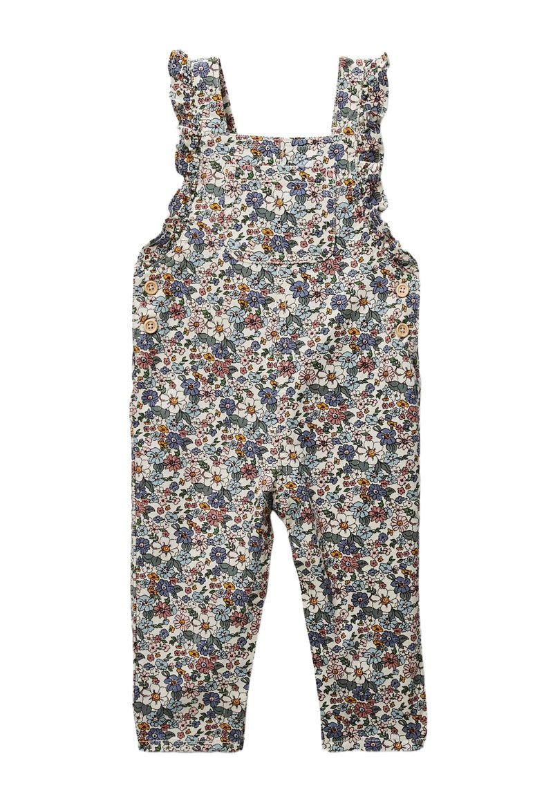 Salopette pour tout-petits à motif floral avec des bretelles à volants et des fermetures à bouton sur le côté, dans des tons de bleu, rose, blanc et vert.