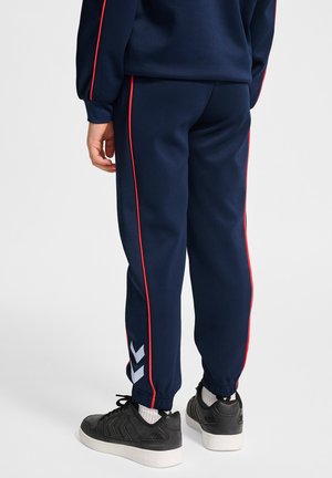 Navy sweatpants med røde sidestreger, elastiske manchetter og en logo detalje i hvid på underbenet, lavet af et glat, strækbart stof.