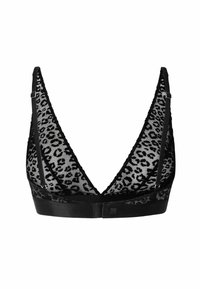 Schwarzer Spitzen-Bralette mit Leopardenmuster, tiefem V-Ausschnitt, verstellbaren Trägern und einem glatten Satinband.