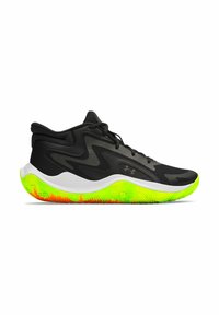 Black athletic shoe with a textured upper, featuring green and orange accents on the sole, and a padded collar for support.