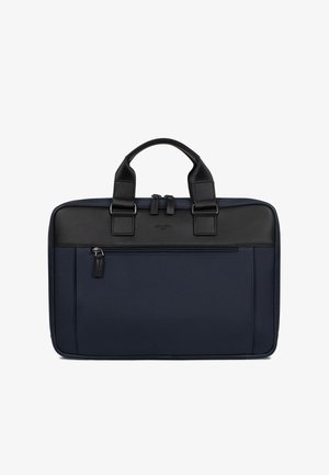 Valigetta rettangolare blu navy e nera con doppio manico, tasca frontale con cerniera e chiusura a doppia cerniera sulla parte superiore.