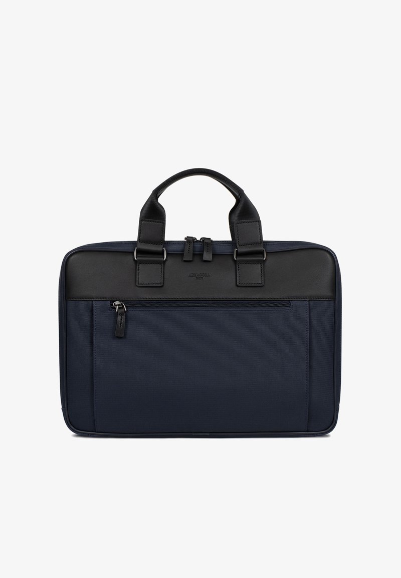 Prostokątna teczka w kolorze granatowym i czarnym z podwójnymi uchwytami, przednią kieszenią na zamek i podwójnym zamknięciem zamka u góry.
