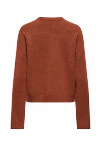 Pull en maille à manches longues couleur rouille avec un col rond, vu de dos sur fond blanc.
