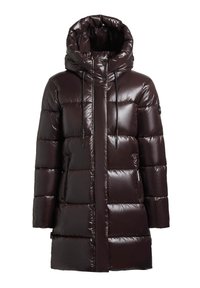 Garš tumši brūns spīdīgs polsterēts ziemas mētelis ar kapuci, priekšējo rāvējslēdzēju, spiedpogām, auklām un sānu kabatām.