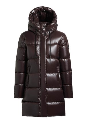 Lang, donkerbruin, glanzend gewatteerd winterjack met capuchon, ritssluiting aan de voorkant, drukknoopjes, trekkoorden en zijzakken.