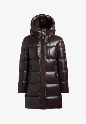 Lang, donkerbruin, glanzend gewatteerd winterjack met capuchon, ritssluiting aan de voorkant, drukknoopjes, trekkoorden en zijzakken.