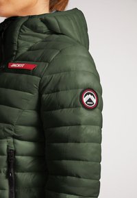 Grøn polstret jakke med lynlås, hætte, rødt logo på brystet og rundt patch på ærmet med bjergdesign. Struktureret materiale.