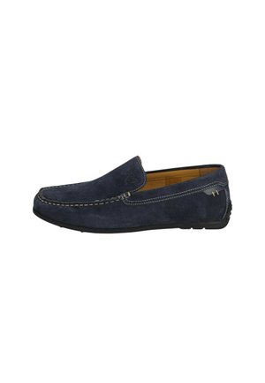 Mocassino da uomo blu navy in camoscio con suola in gomma nera, cuciture beige e fodera interna color cuoio.