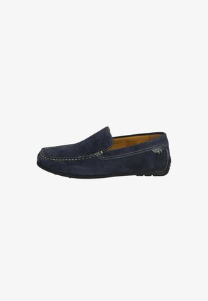 Mocassino da uomo blu navy in camoscio con suola in gomma nera, cuciture beige e fodera interna color cuoio.