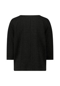 Schwarzes Oberteil mit horizontalen metallischen Streifen, dreiviertellangen Ärmeln und geradem Schnitt. Verfügt über eine Rückennaht im Zentrum.